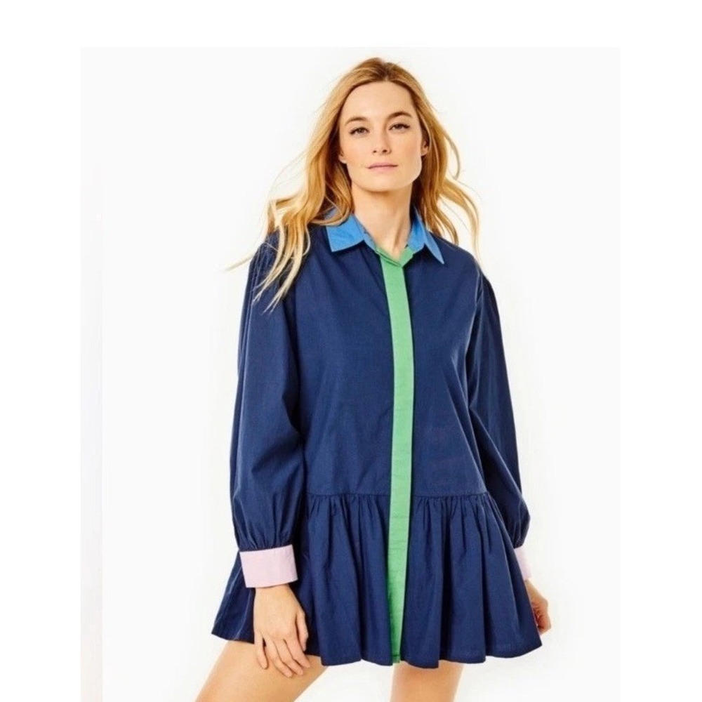 Addison Bay‎ Mini Shirt Dress XL Navy Lane Colorblock Peplum Drop Waist Flounce